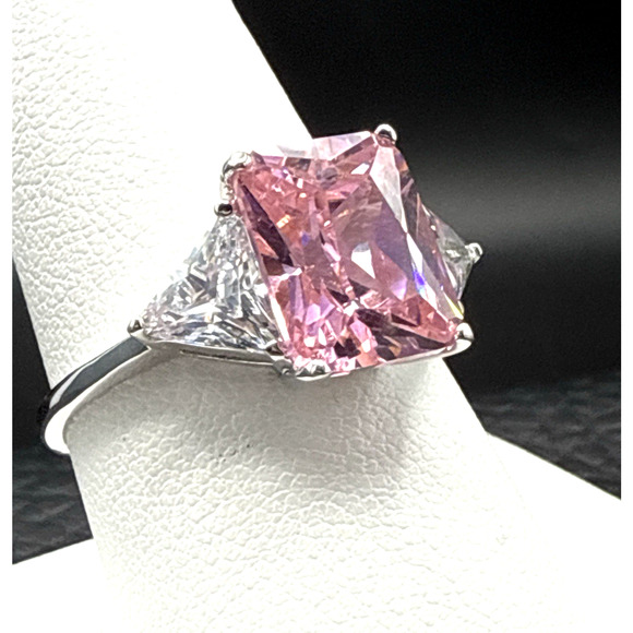Cocktail Ring Size 9.5 Pink Emerald Cut CZ Center Two Clear Accents Silver Tone - Picture 1 of 9